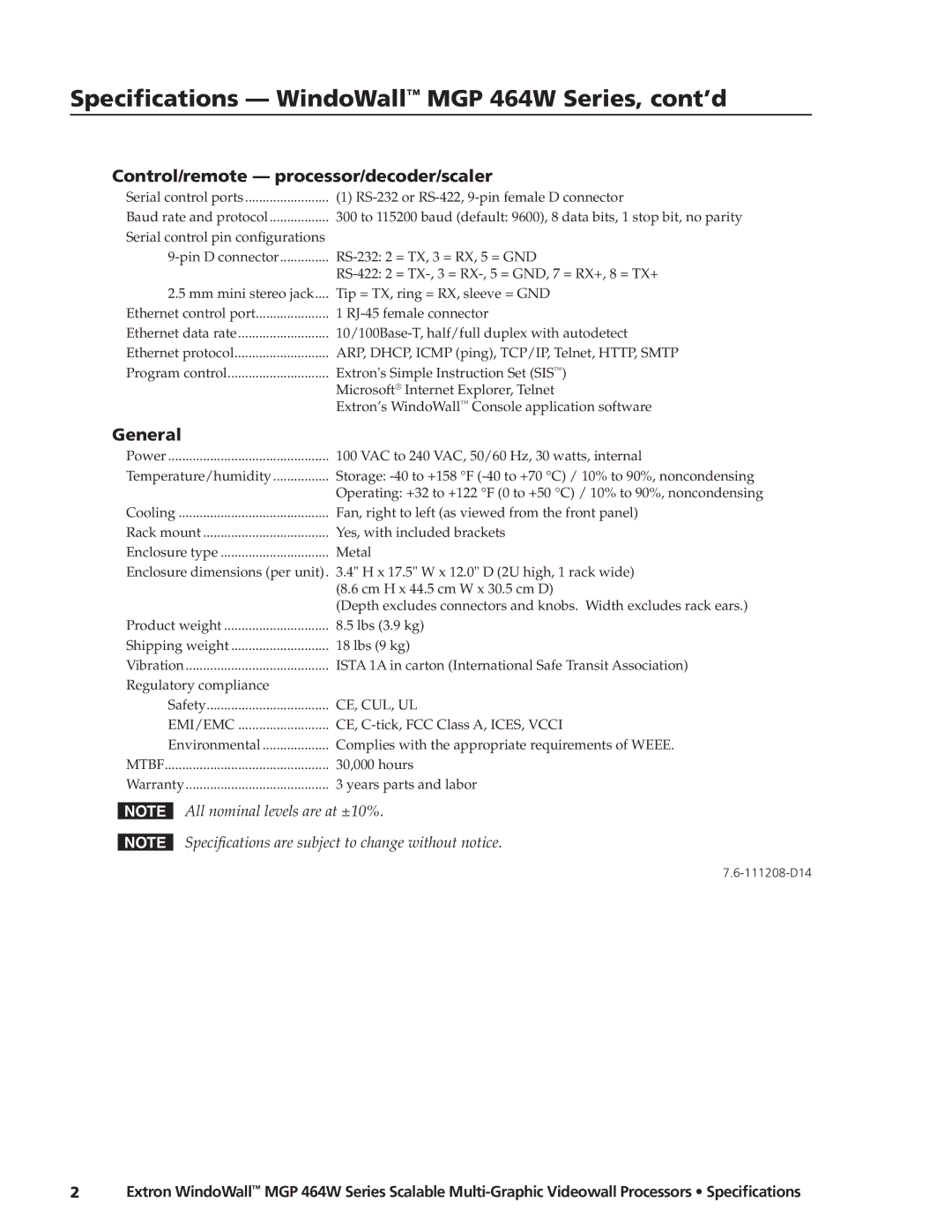 Extron electronic MGP 464W Series specifications Control/remote processor/decoder/scaler, General 