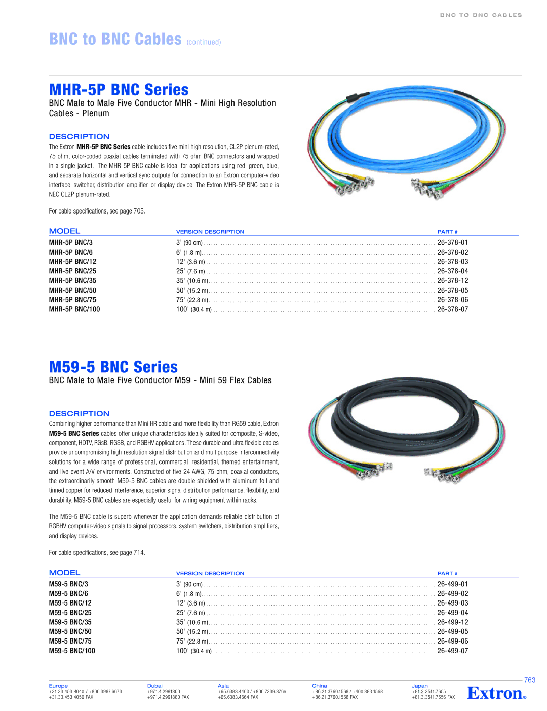 Extron electronic MHR-5P BNC/25 specifications BNC to BNC Cables, MHR-5P BNC Series, M59-5 BNC Series, Description 