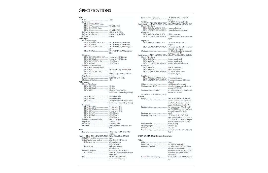 Extron electronic Mini Distribution Amplifier manual Specifications 