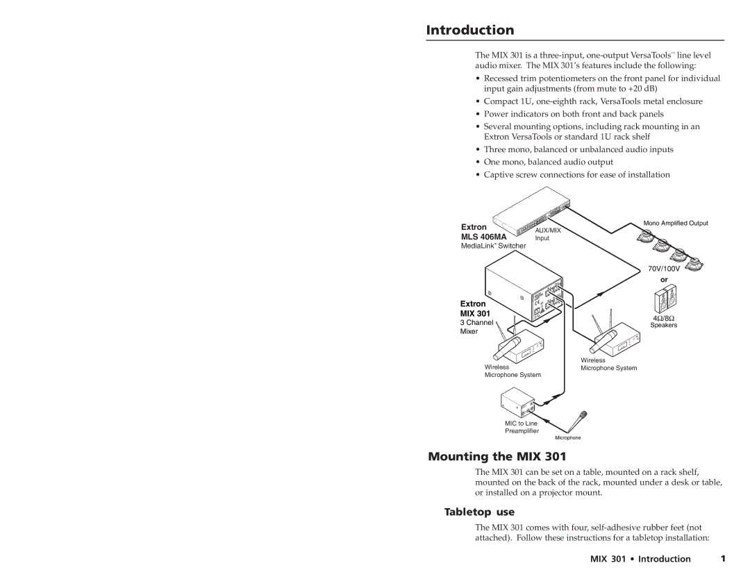 Extron electronic MIX 301 user manual Introduction, Mounting the MIX, Tabletop use 