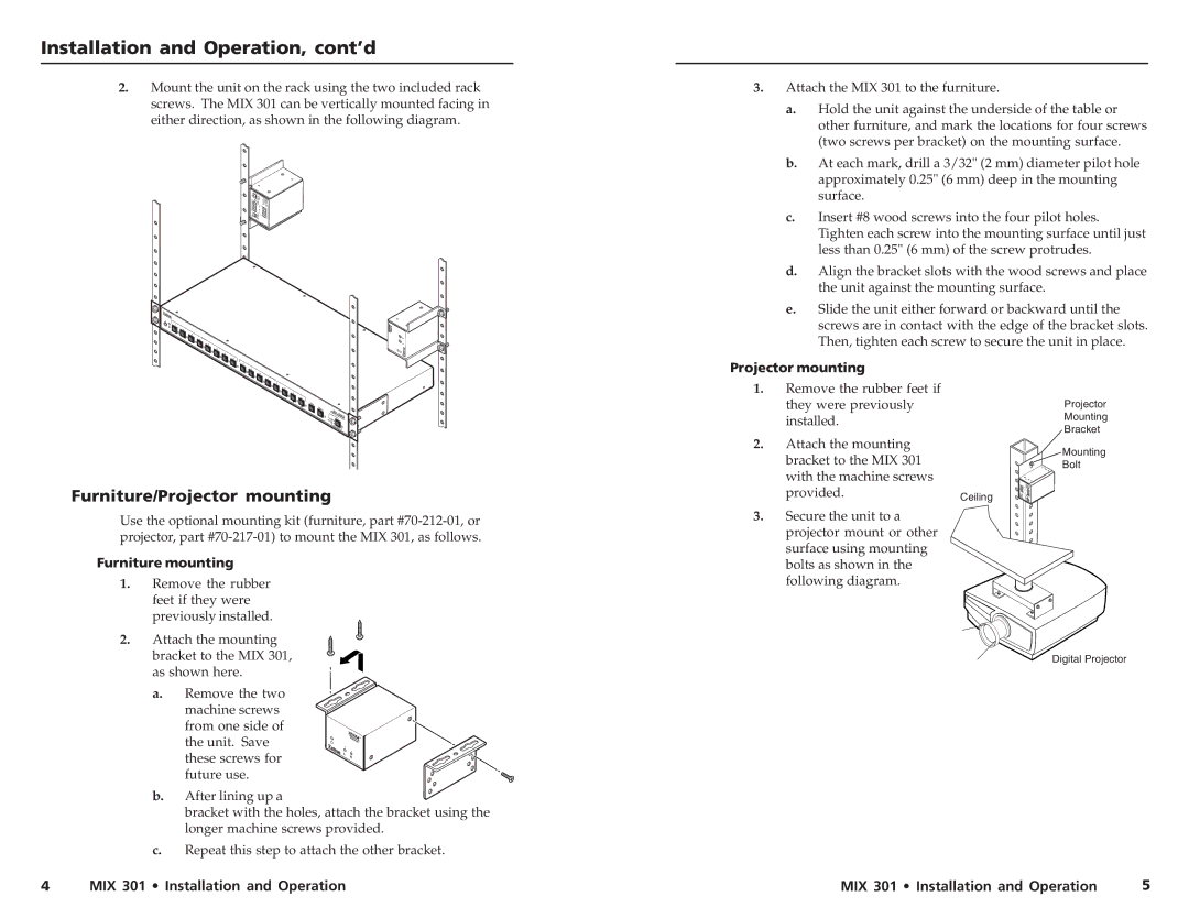 Extron electronic MIX 301 Installation and Operation, cont’d, Furniture/Projector mounting, These screws for Future use 