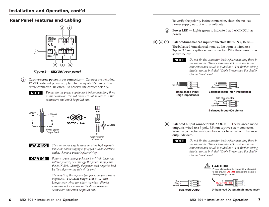 Extron electronic MIX 301 Important. The ideal length is 0.2 5 mm, Balanced/unbalanced input connectors in 1, in 2 