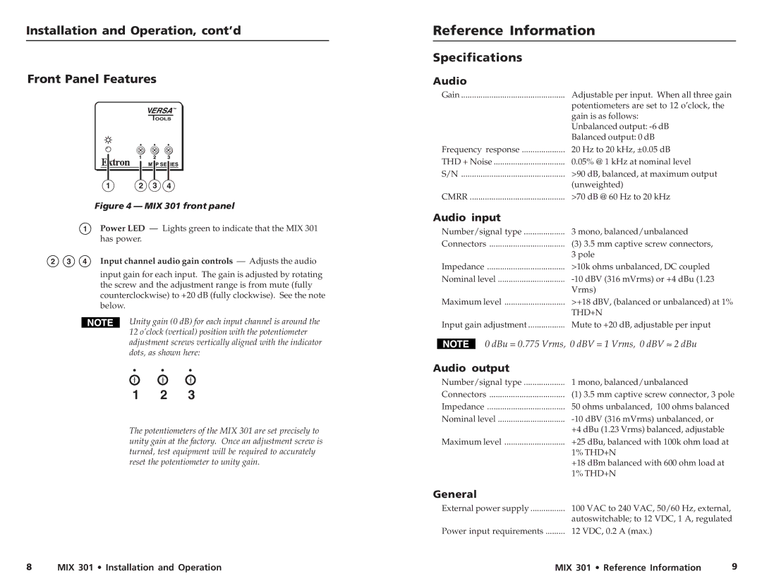 Extron electronic MIX 301 Reference Information, Installation and Operation, cont’d Front Panel Features, Specifications 