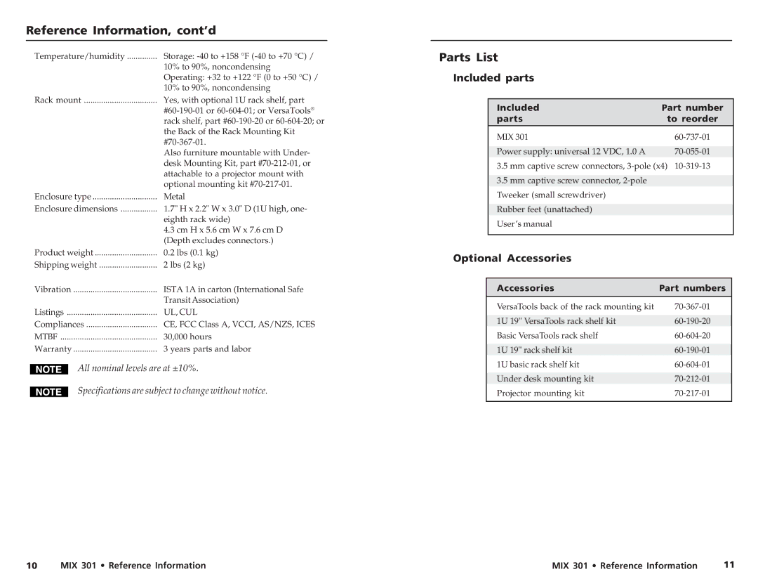 Extron electronic MIX 301 user manual Reference Information, cont’d, Parts List, Included parts, Optional Accessories 