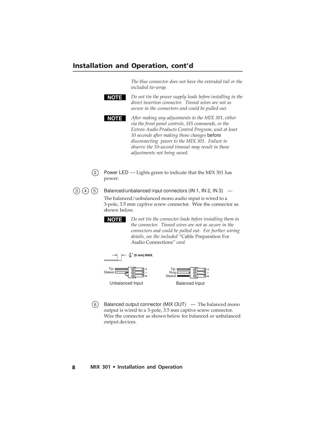 Extron electronic MIX 301 user manual Balanced/unbalanced input connectors in 1, in 2 