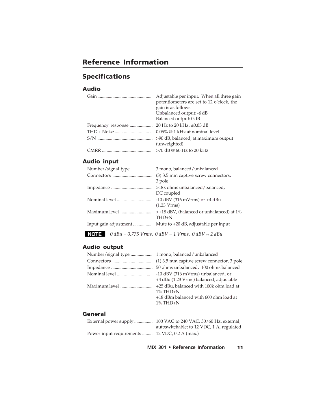 Extron electronic MIX 301 user manual Specifications, Audio input, Audio output, General 