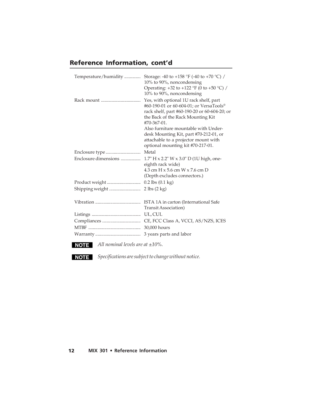 Extron electronic MIX 301 user manual Reference Information, cont’d 