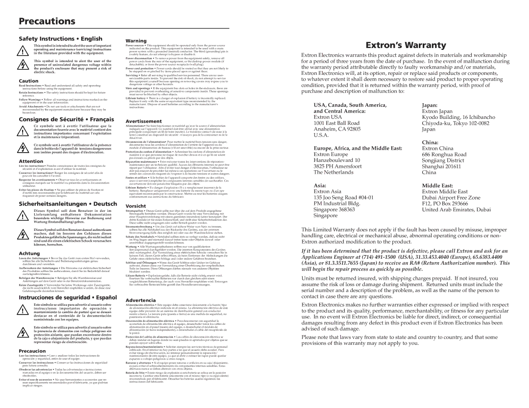 Extron electronic MIX 301 user manual Precautions, Extron’s Warranty 