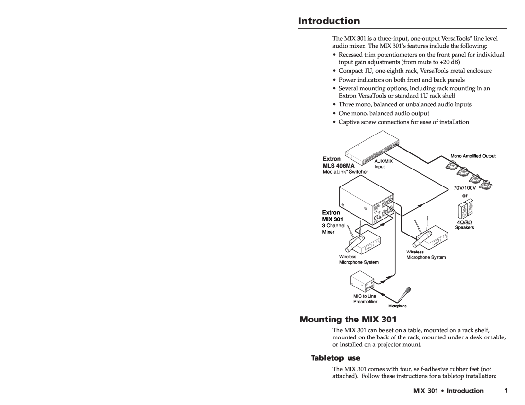 Extron electronic MIX 301 user manual Introduction, Mounting the MIX, Tabletop use, MLS 406MA, Extron MIX 