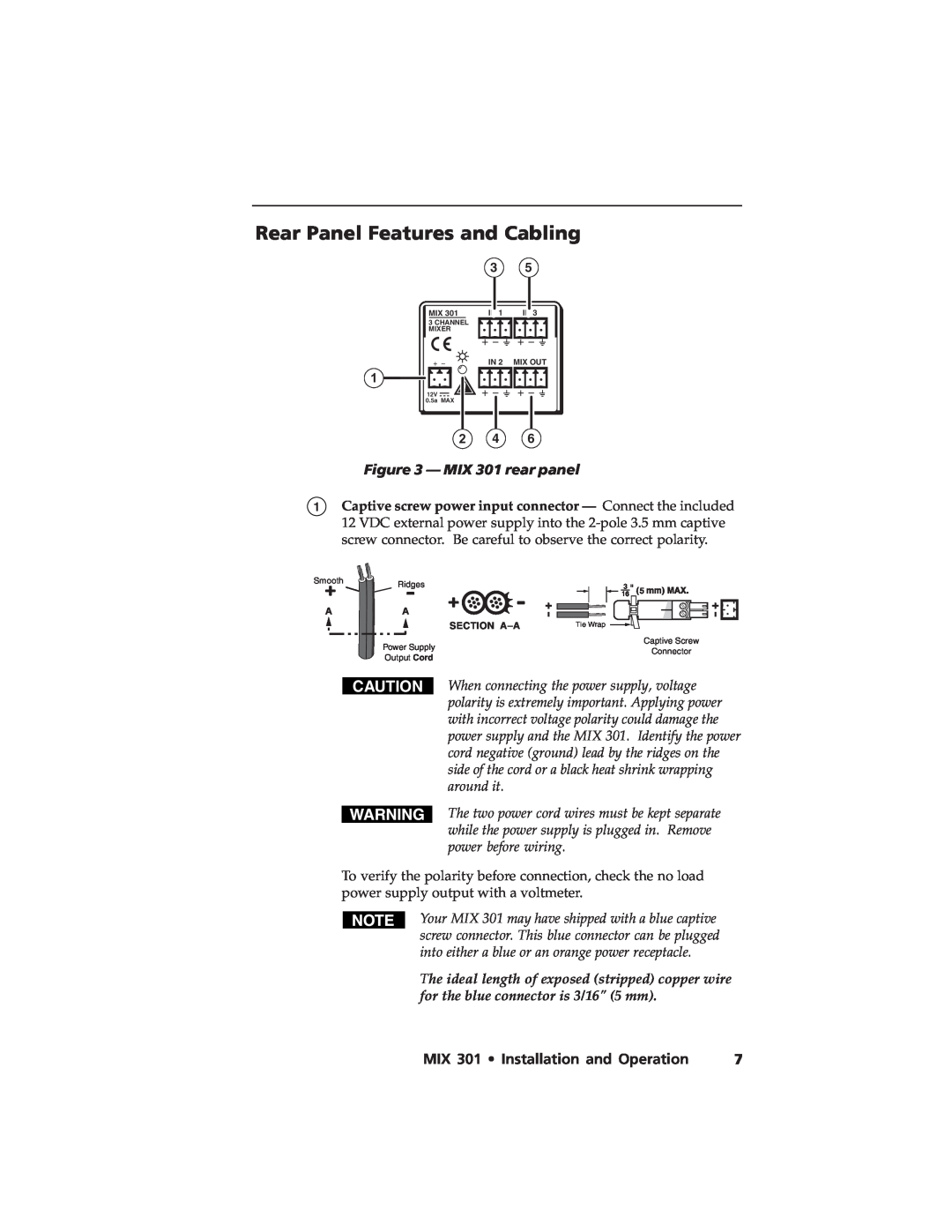 Extron electronic user manual Rear Panel Features and Cabling, MIX 301 rear panel, MIX 301 Installation and Operation 