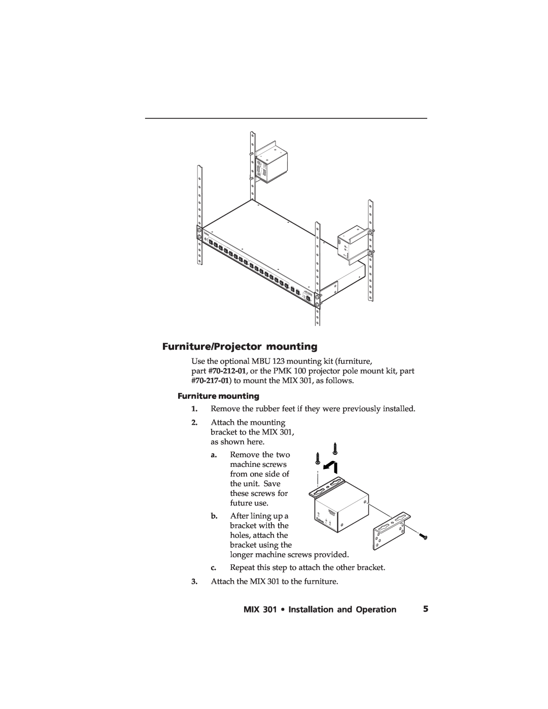 Extron electronic user manual Furniture/Projector mounting, Furniture mounting, MIX 301 Installation and Operation 