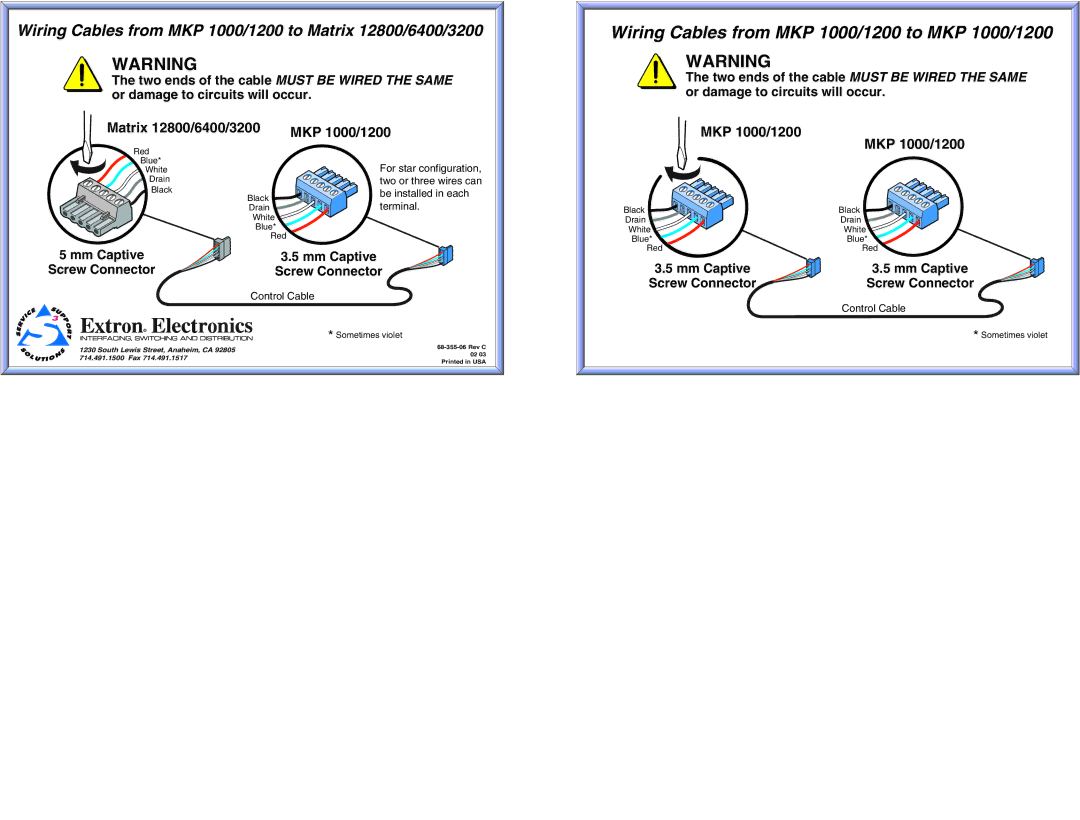 Extron electronic MATRIX 3200, MKP 1200 manual Wiring Cables from MKP 1000/1200 to MKP 1000/1200, Matrix 12800/6400/3200 