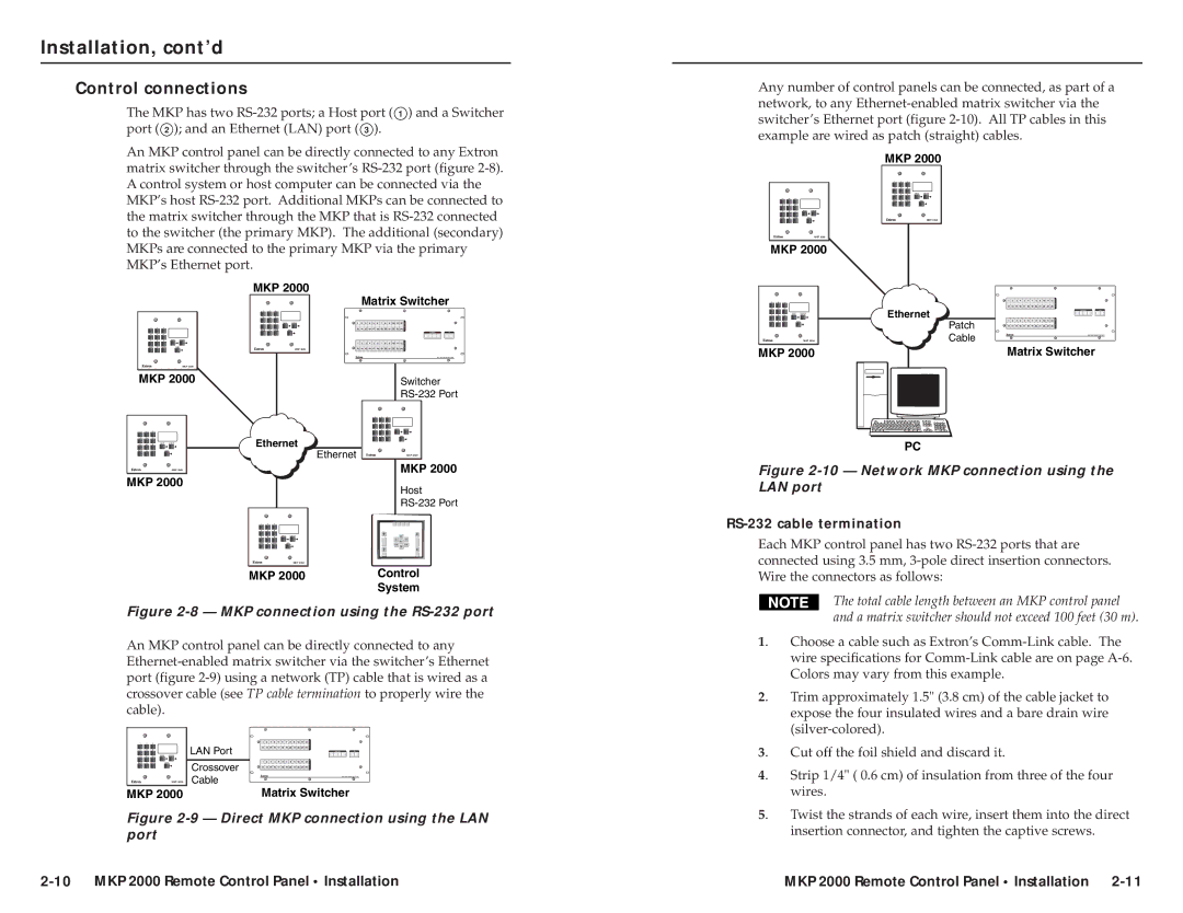 Extron electronic MKP 2000 user manual Control connections, RS-232 cable termination 