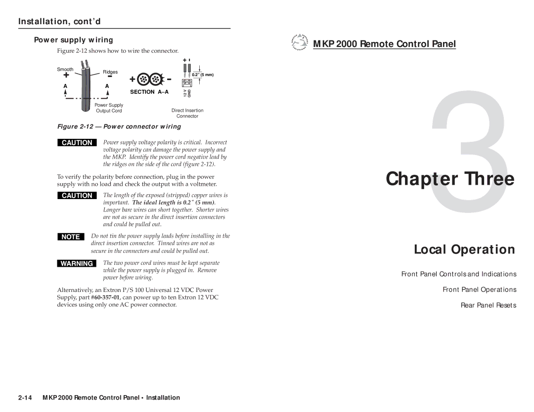 Extron electronic MKP 2000 user manual Three, Local Operation, Power supply wiring 