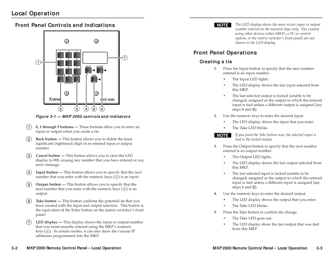 Extron electronic MKP 2000 Local Operation, Front Panel Controls and Indications, Front Panel Operations, Creating a tie 