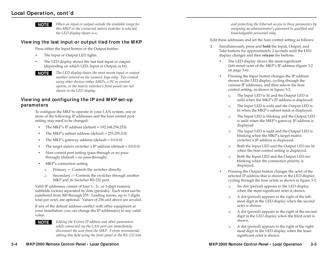 Extron electronic MKP 2000 user manual Local Operation, cont’d, Viewing the last input or output tied from the MKP 