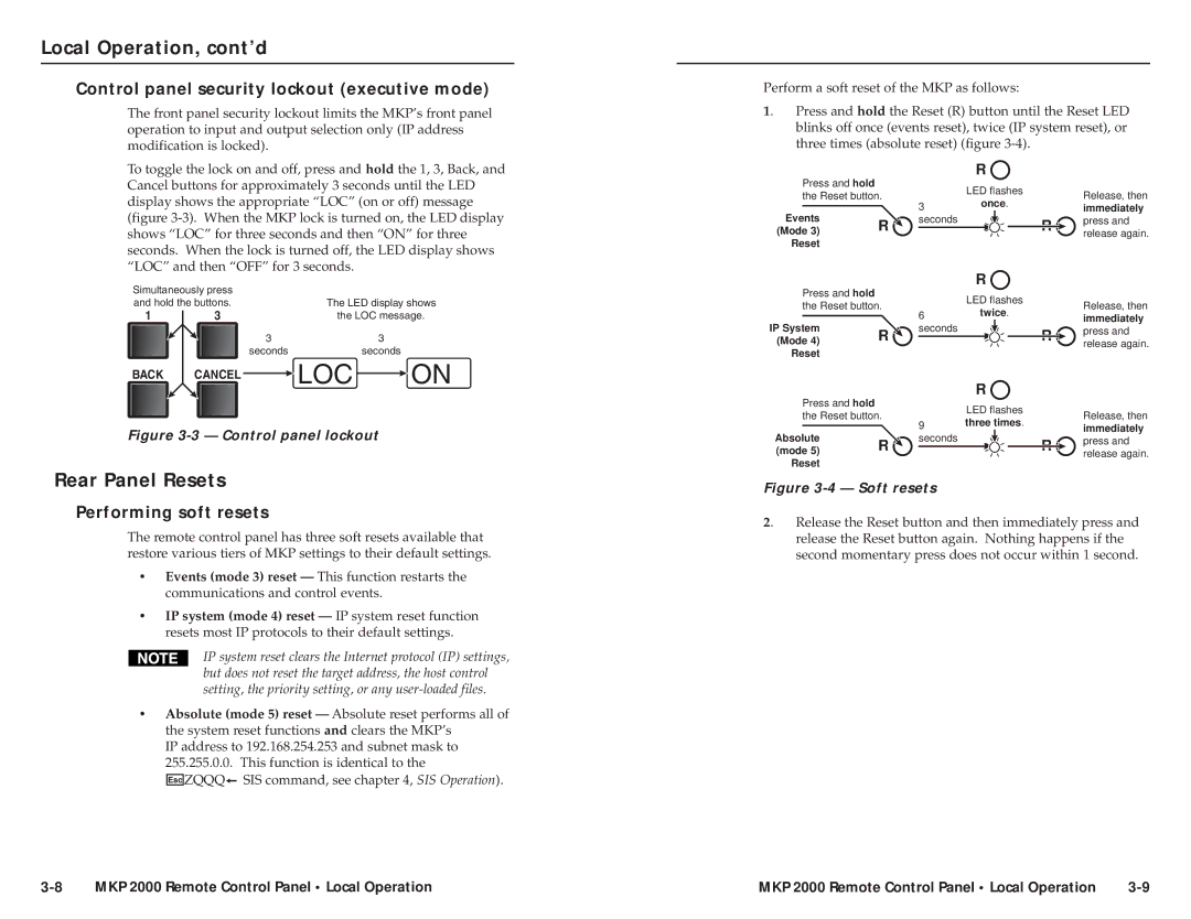 Extron electronic MKP 2000 Rear Panel Resets, Control panel security lockout executive mode, Performing soft resets 