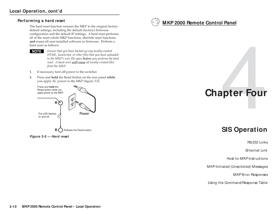 Extron electronic MKP 2000 user manual Four, SIS Operation, Performing a hard reset 