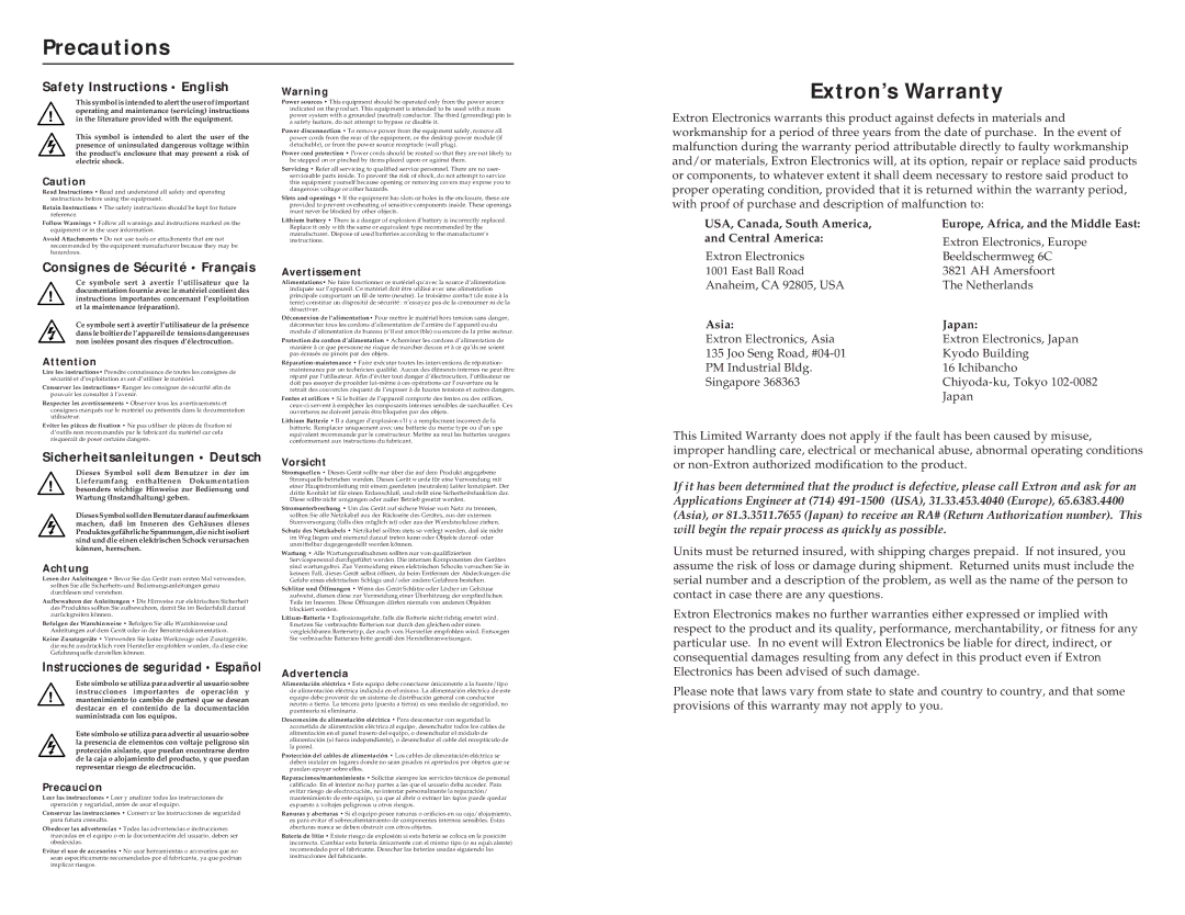 Extron electronic MKP 2000 user manual Precautions, Extron’s Warranty 