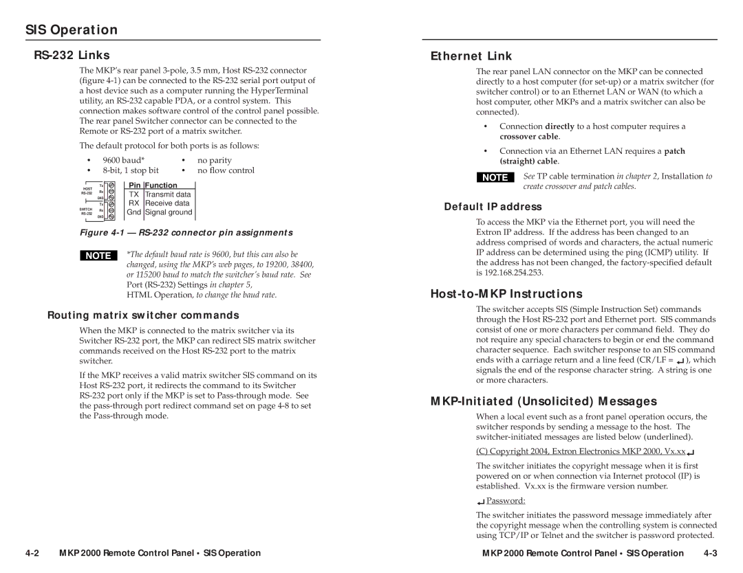 Extron electronic MKP 2000 user manual SIS Operation, RS-232 Links, Ethernet Link, Host-to-MKP Instructions 