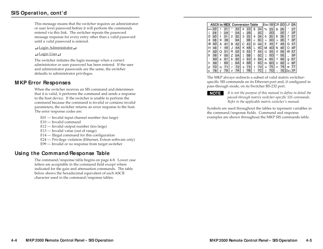 Extron electronic MKP 2000 user manual SIS Operation, cont’d, MKP Error Responses, Using the Command/Response Table 