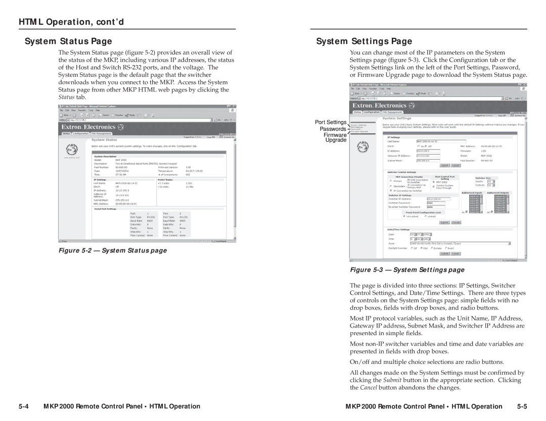 Extron electronic MKP 2000 user manual Html Operation, cont’d System Status, System Settings 