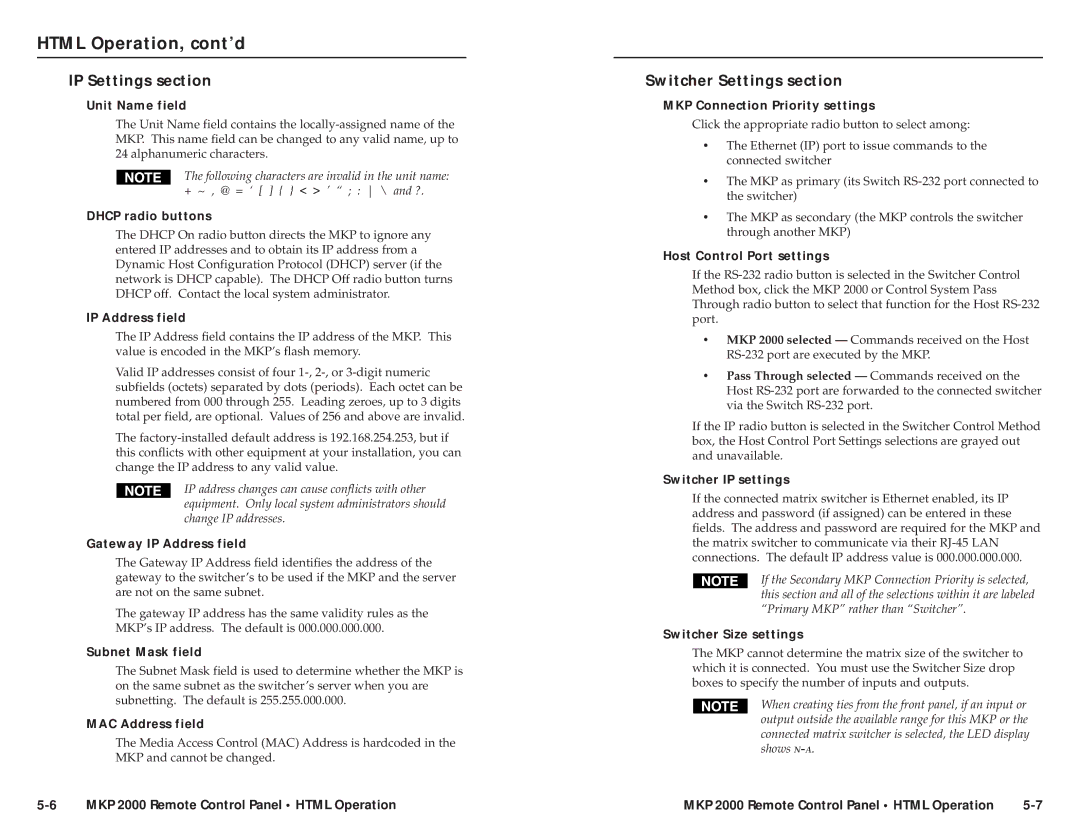 Extron electronic MKP 2000 user manual Html Operation, cont’d, IP Settings section, Switcher Settings section 