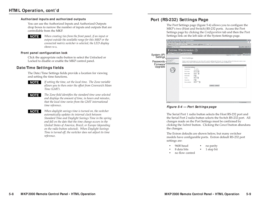 Extron electronic MKP 2000 Port RS-232 Settings, Date/Time Settings fields, Authorized inputs and authorized outputs 