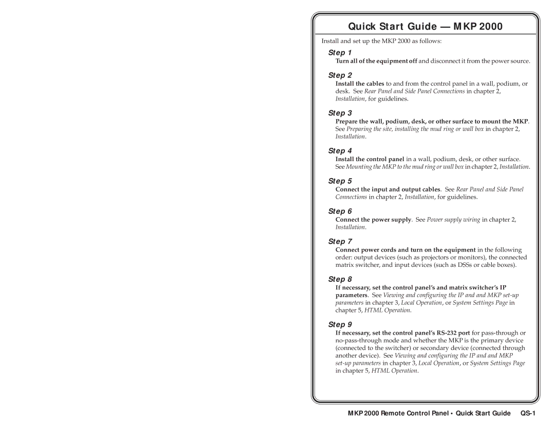 Extron electronic MKP 2000 user manual Quick Start Guide MKP 