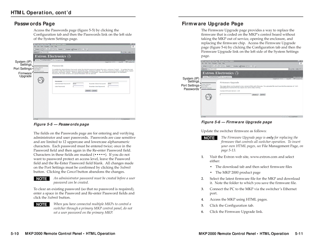 Extron electronic MKP 2000 user manual Html Operation, cont’d Passwords, Firmware Upgrade 