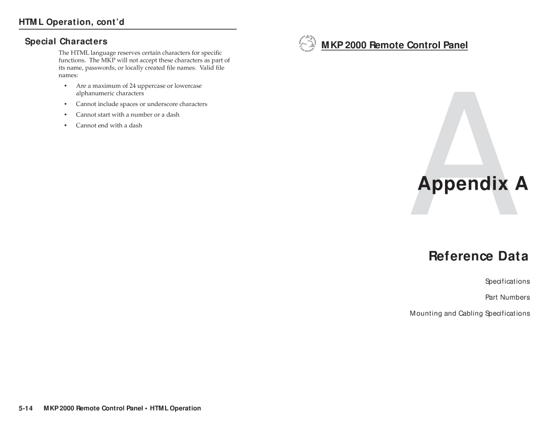 Extron electronic MKP 2000 user manual AAppendix a, Reference Data, Html Operation, cont’d Special Characters 