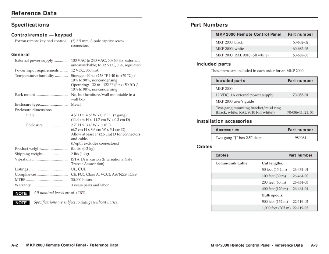 Extron electronic MKP 2000 user manual Reference Data, Specifications, Part Numbers 