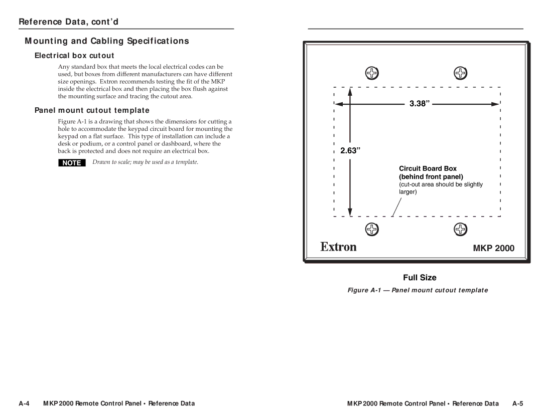 Extron electronic MKP 2000 user manual Reference Data, cont’d Mounting and Cabling Specifications, Electrical box cutout 