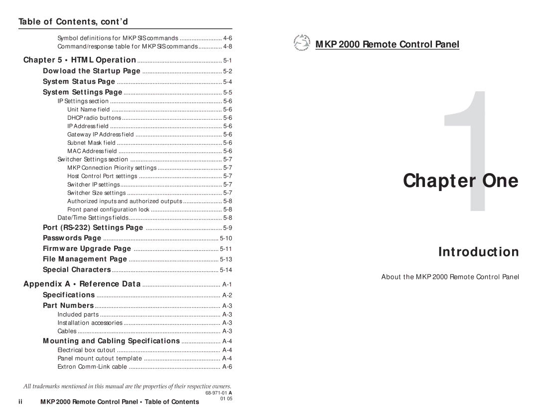 Extron electronic user manual One, Introduction, MKP 2000 Remote Control Panel, Table of Contents, cont’d 