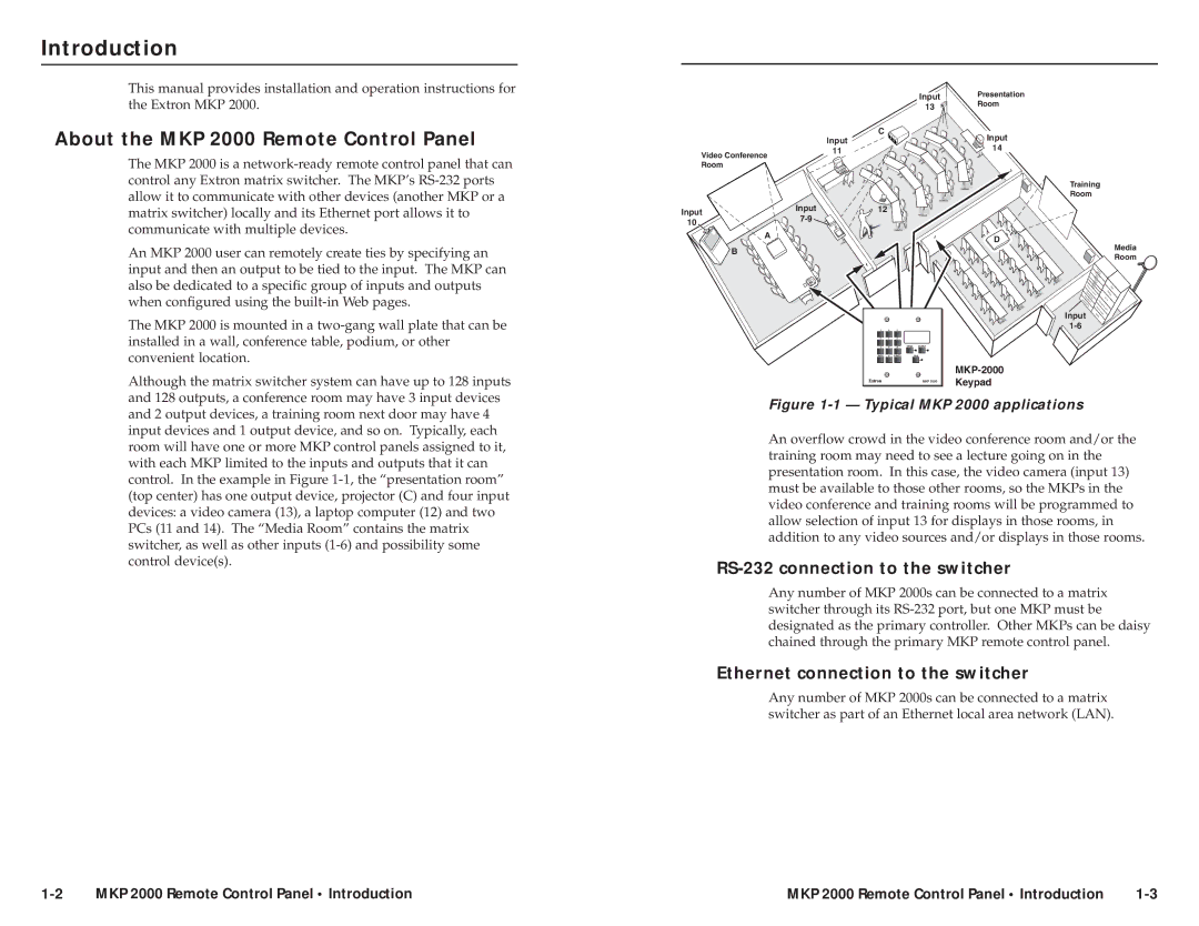 Extron electronic user manual Introduction, About the MKP 2000 Remote Control Panel, RS-232 connection to the switcher 