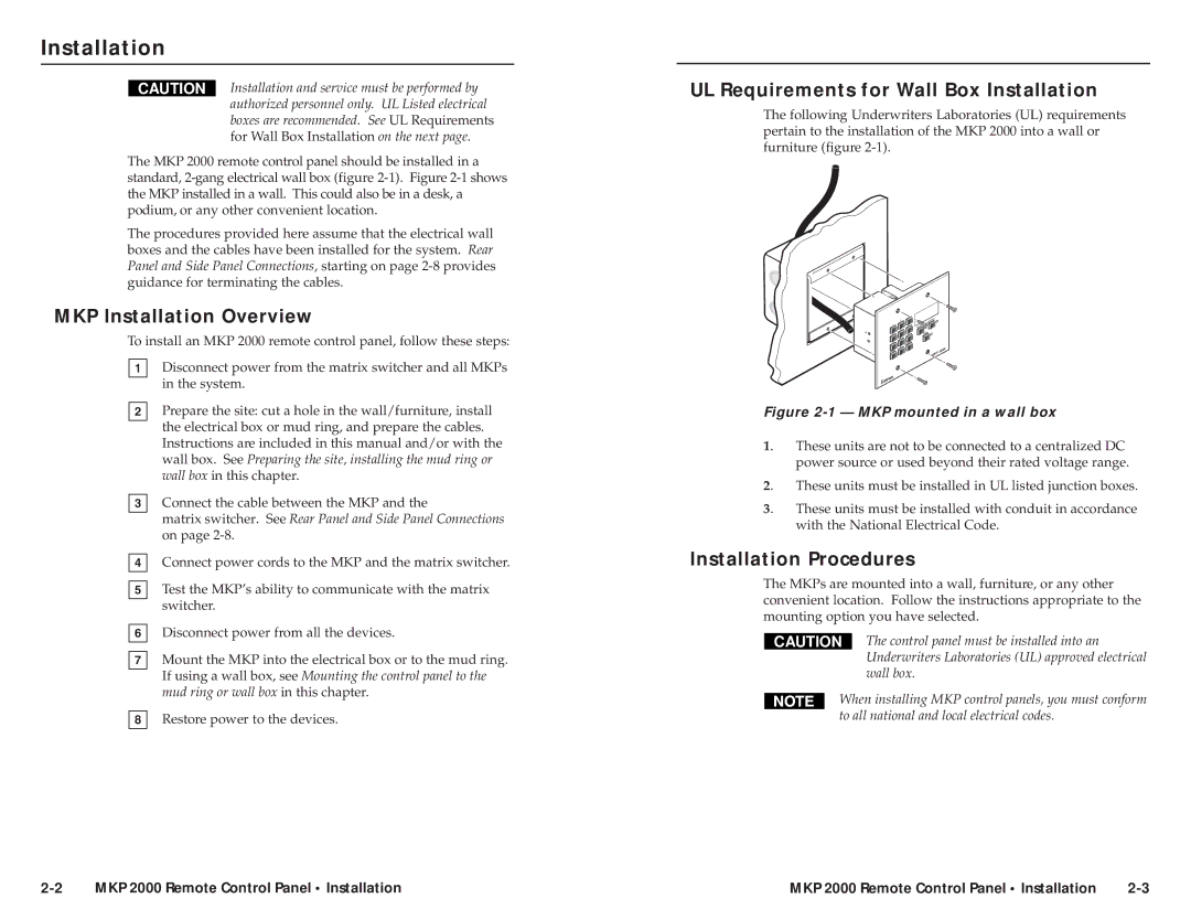 Extron electronic MKP 2000 user manual MKP Installation Overview, UL Requirements for Wall Box Installation 