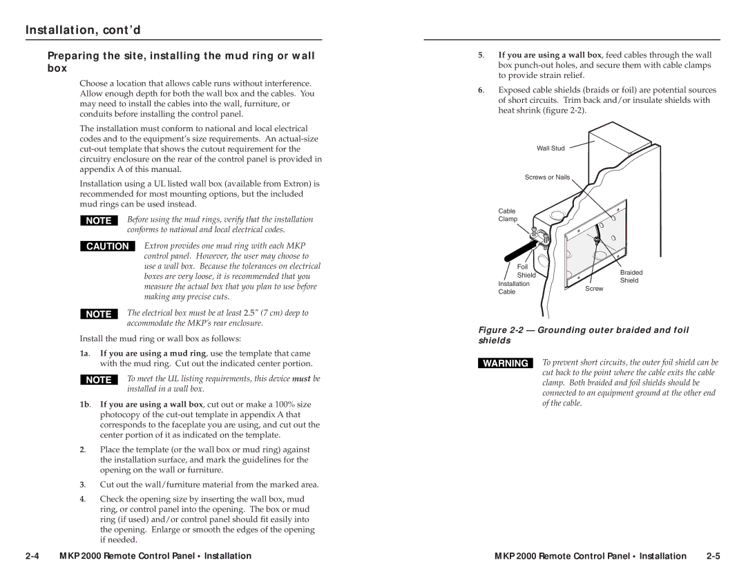 Extron electronic MKP 2000 user manual Installation, cont’d, Preparing the site, installing the mud ring or wall box 