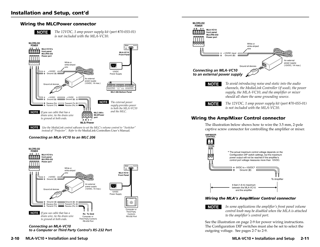 Extron electronic user manual Wiring the MLC/Power connector, Power MLA-VC10 