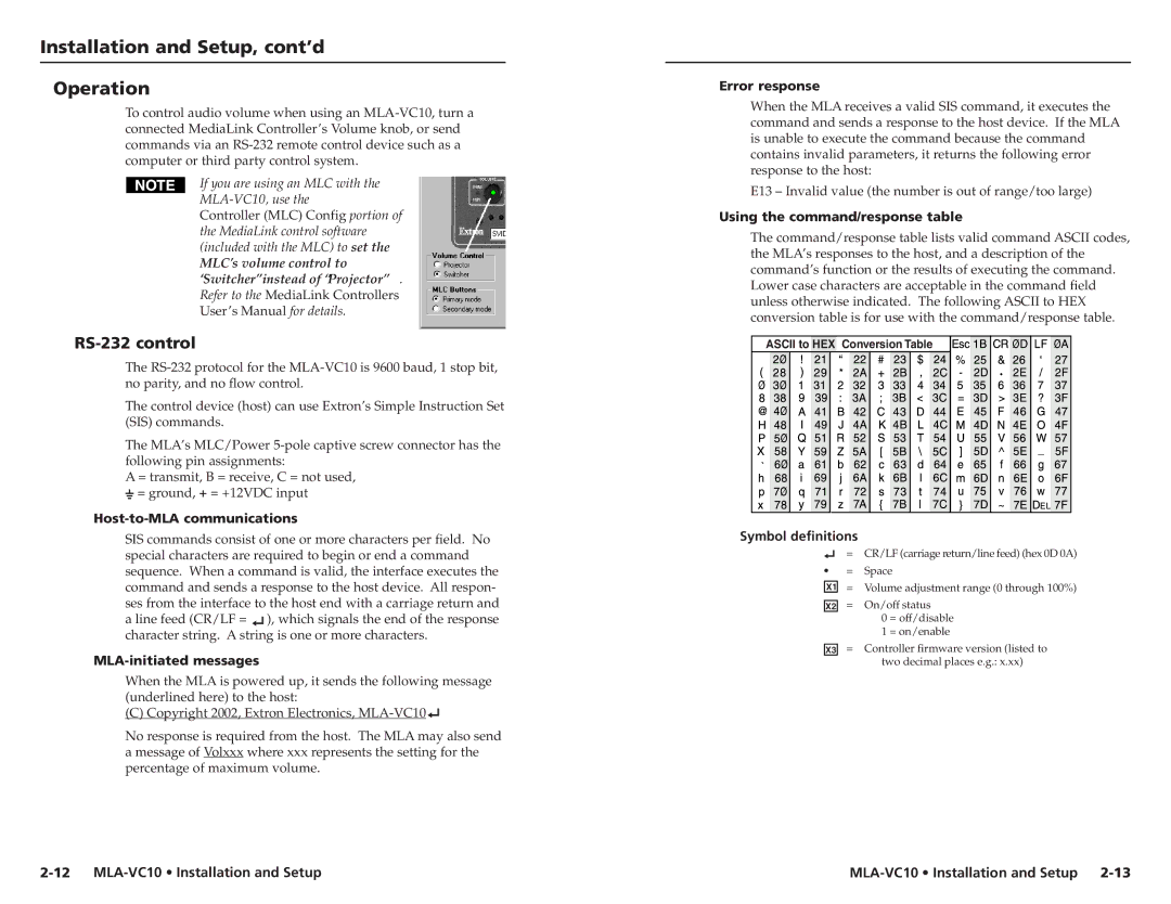 Extron electronic MLA-VC10 user manual Installation and Setup, cont’d Operation, RS-232 control 