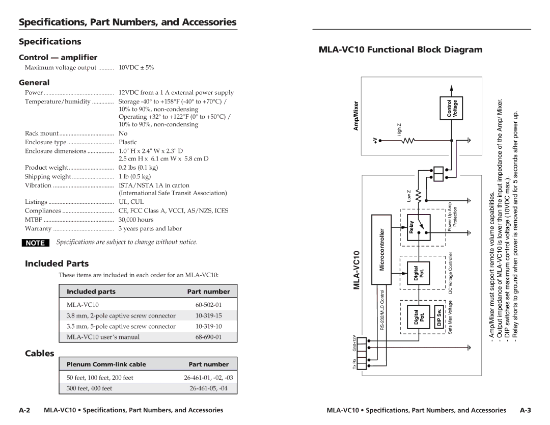 Extron electronic MLA-VC10 user manual Specifications, Part Numbers, and Accessories, Included Parts, Cables 