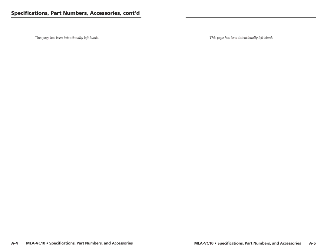 Extron electronic MLA-VC10 user manual Specifications, Part Numbers, Accessories, cont’d 