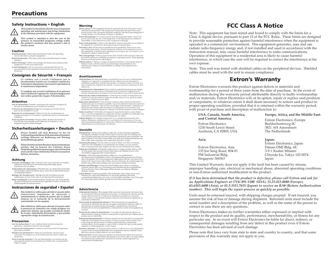 Extron electronic MLA-VC10 user manual Precautions, FCC Class a Notice, Extron’s Warranty 