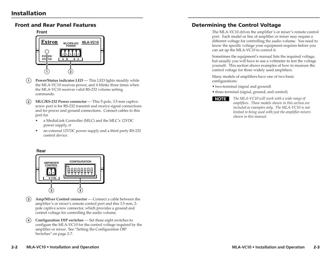 Extron electronic MLA-VC10 user manual Installation, Front and Rear Panel Features, Determining the Control Voltage 