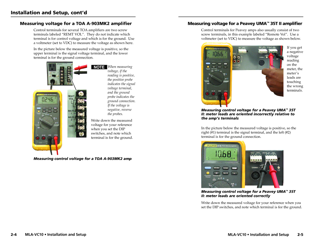 Extron electronic MLA-VC10 user manual Installation and Setup, cont’d, Measuring voltage for a TOA A-903MK2 amplifier 