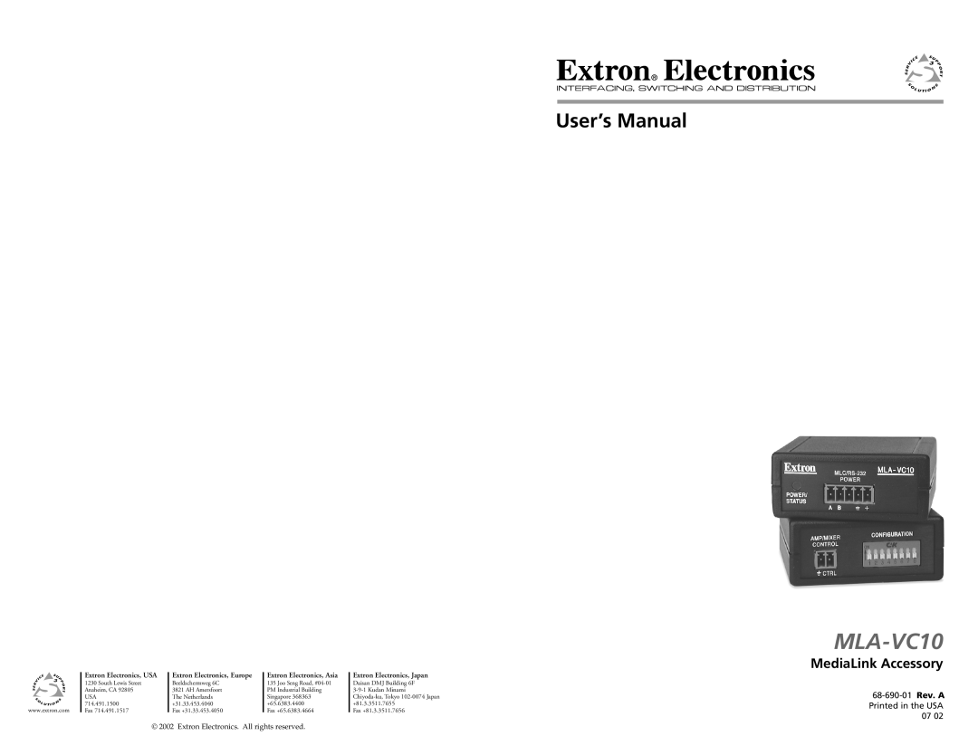 Extron electronic MLA-VC10 user manual MediaLink Accessory, User’s Manual, 68-690-01 Rev. A, Printed in the USA 