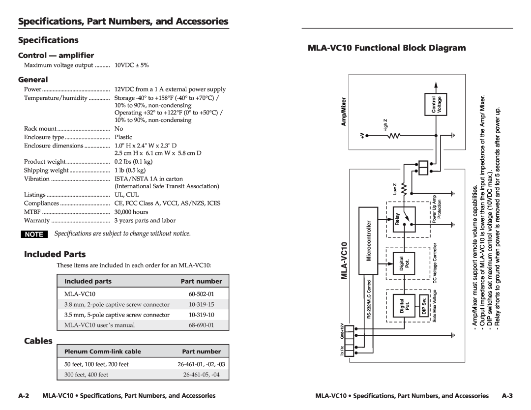 Extron electronic MLA-VC10 Specifications, Part Numbers, and Accessories, Included Parts, Cables, Control - amplifier 
