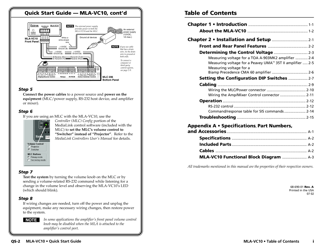 Extron electronic user manual Table of Contents, Quick Start Guide - MLA-VC10, cont’d, Installation and Setup, Step 