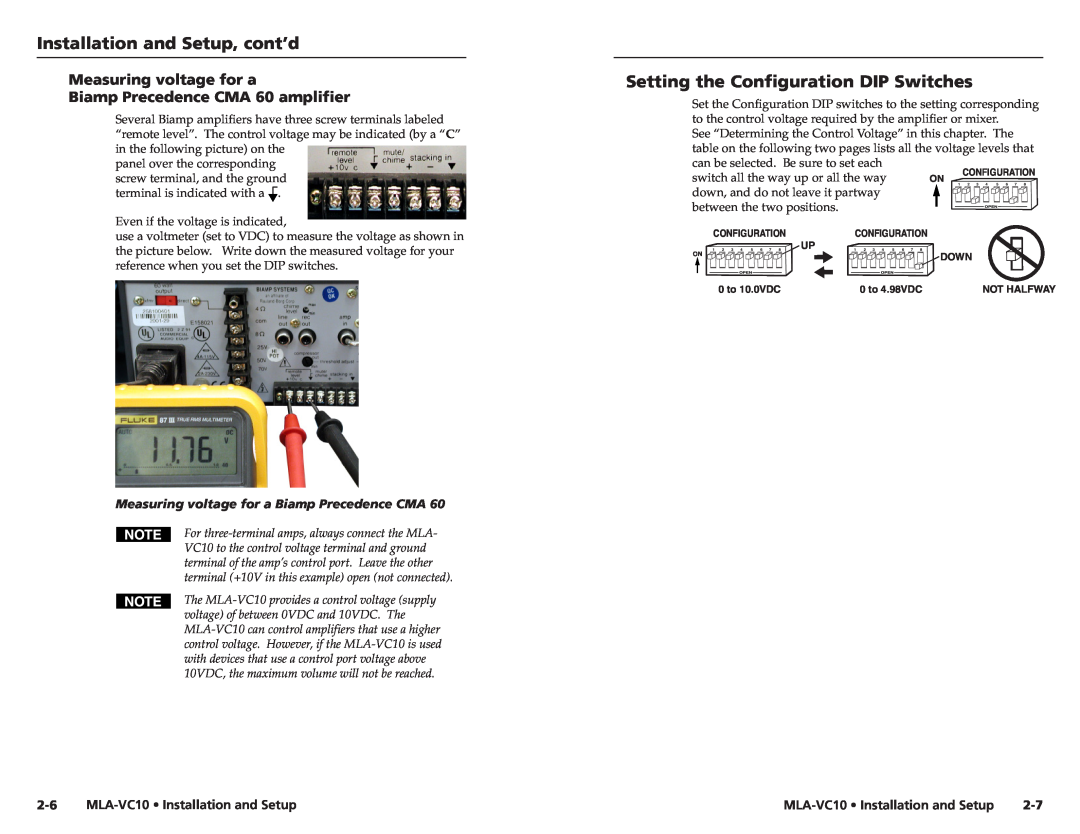Extron electronic MLA-VC10 user manual Setting the Configuration DIP Switches, Measuring voltage for a Biamp Precedence CMA 