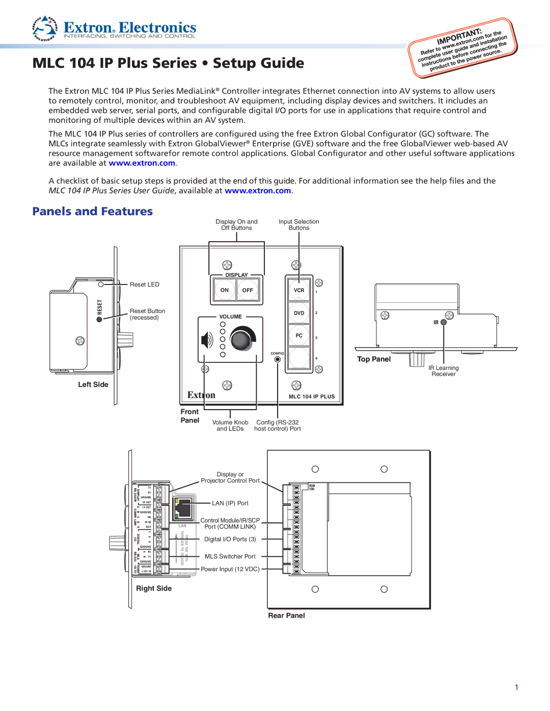 Extron electronic MLC 104 IP PLUS setup guide Panels and Features, Reset Button, Display On Input Selection Off Buttons 