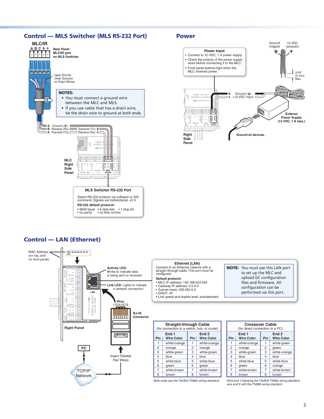 Extron electronic MLC 104 IP PLUS setup guide Control MLS Switcher MLS RS-232 Port Power, Control LAN Ethernet 